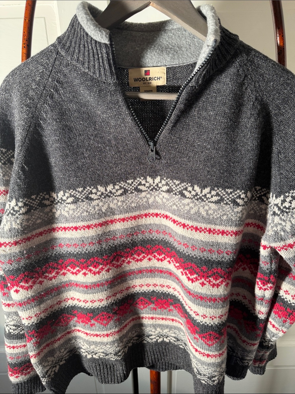 Woolrich 100% Lambswool Fair Isle Quarter Zip Sweater Large Nordic Ski